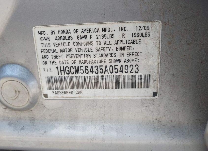 Photo 9 of 2005 Honda Accord 2.4 LX (VIN 1HGCM56435A054923)