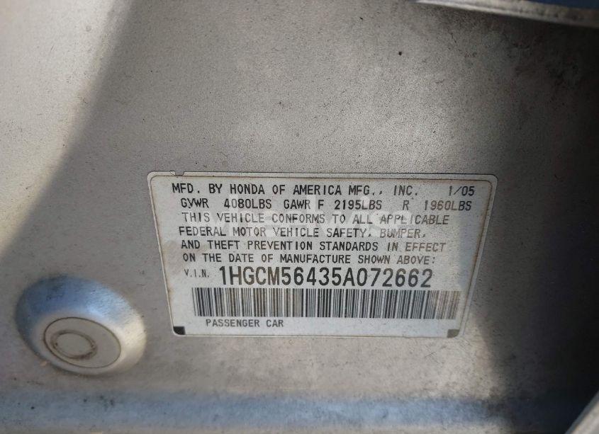 Photo 9 of 2005 Honda Accord 2.4 LX (VIN 1HGCM56435A072662)