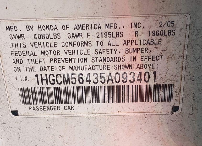 Photo 9 of 2005 Honda Accord 2.4 LX (VIN 1HGCM56435A093401)