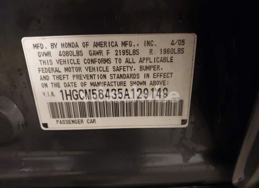 Photo 9 of 2005 Honda Accord 2.4 LX (VIN 1HGCM56435A129149)