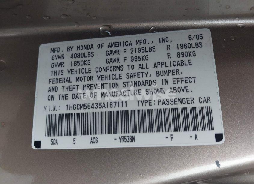 Photo 9 of 2005 Honda Accord 2.4 LX (VIN 1HGCM56435A167111)