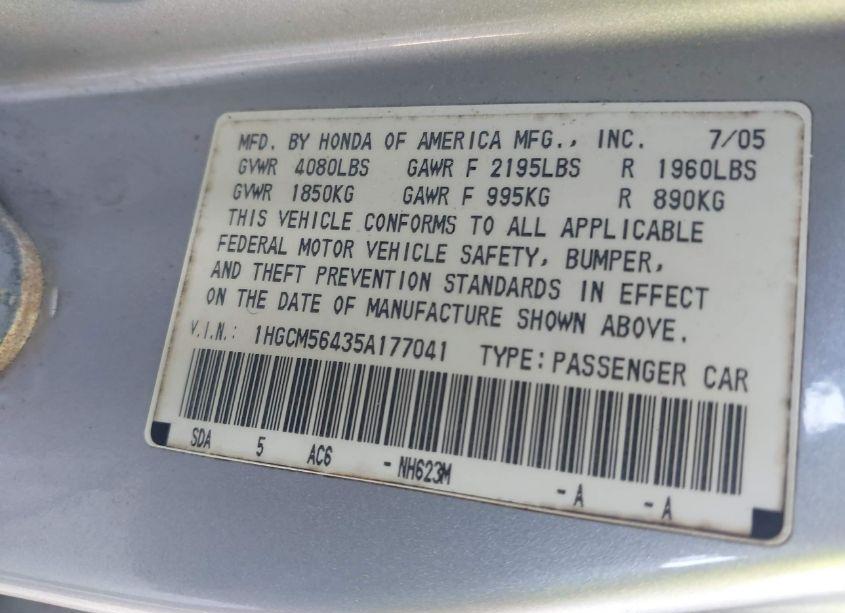 Photo 9 of 2005 Honda Accord 2.4 LX (VIN 1HGCM56435A177041)