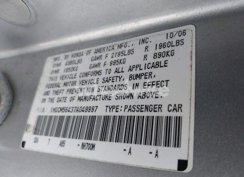 Photo 9 of 2007 Honda Accord 2.4 LX (VIN 1HGCM56437A049997)