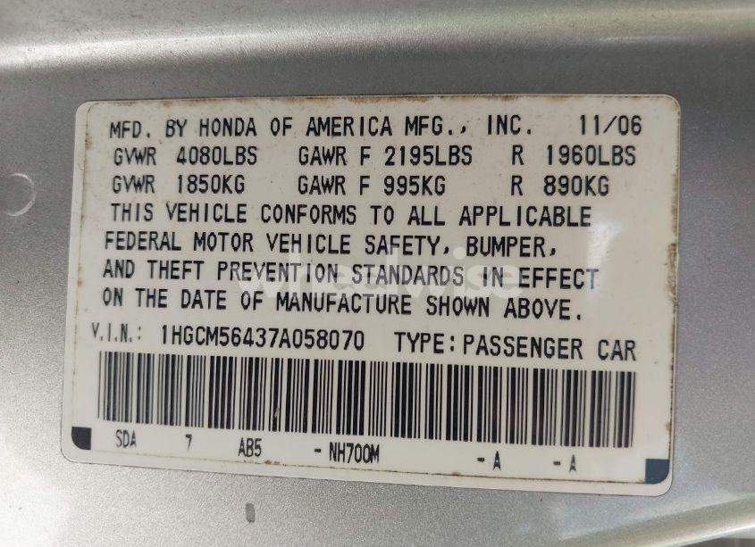 Photo 9 of 2007 Honda Accord 2.4 LX (VIN 1HGCM56437A058070)