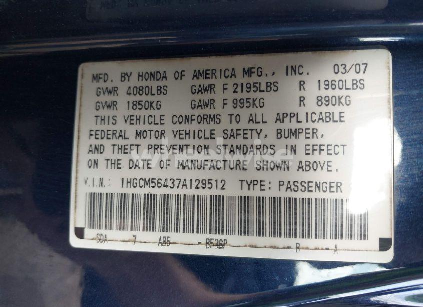 Photo 9 of 2007 Honda Accord 2.4 LX (VIN 1HGCM56437A129512)