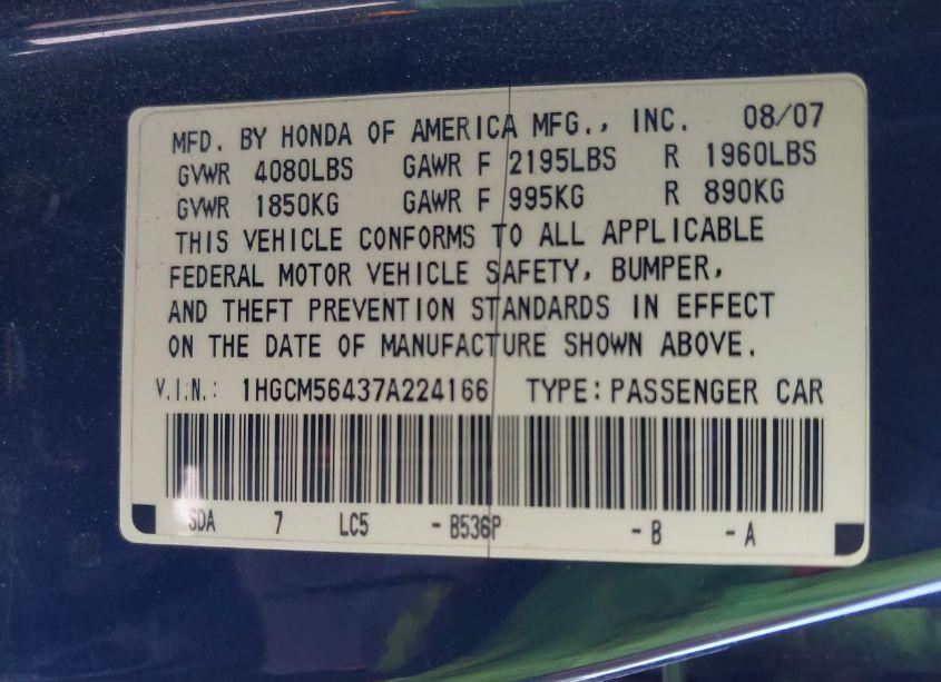 Photo 9 of 2007 Honda Accord 2.4 LX (VIN 1HGCM56437A224166)