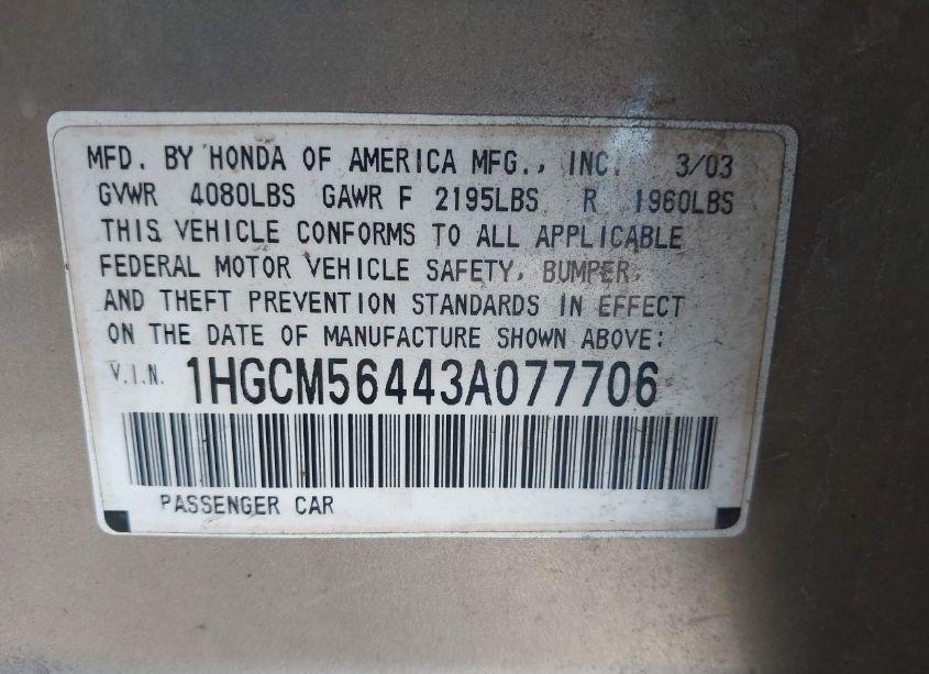 Photo 9 of 2003 Honda Accord 2.4 LX (VIN 1HGCM56443A077706)