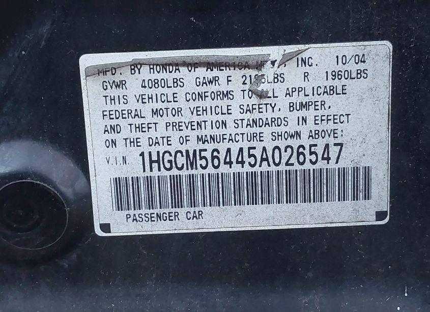 Photo 9 of 2005 Honda Accord 2.4 LX (VIN 1HGCM56445A026547)