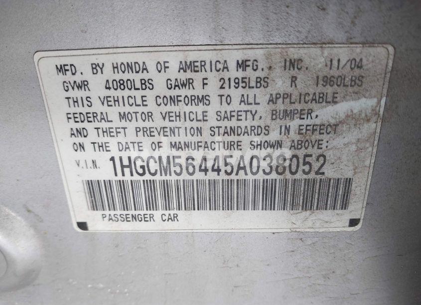 Photo 9 of 2005 Honda Accord 2.4 LX (VIN 1HGCM56445A038052)