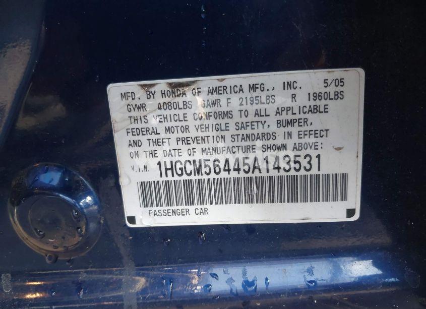 Photo 9 of 2005 Honda Accord 2.4 LX (VIN 1HGCM56445A143531)