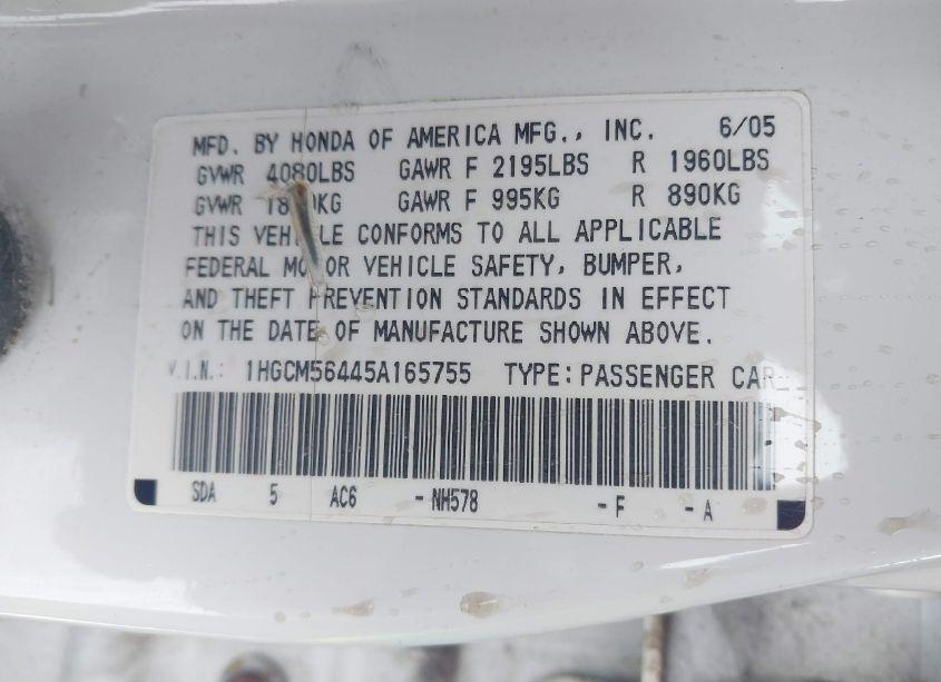 Photo 9 of 2005 Honda Accord 2.4 LX (VIN 1HGCM56445A165755)