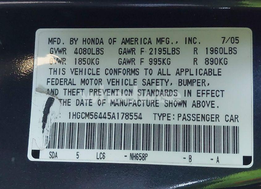 Photo 9 of 2005 Honda Accord 2.4 LX (VIN 1HGCM56445A178554)