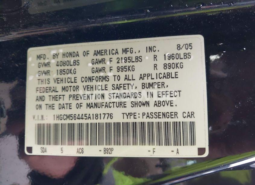 Photo 9 of 2005 Honda Accord 2.4 LX (VIN 1HGCM56445A181776)