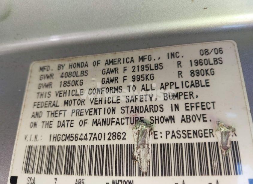 Photo 9 of 2007 Honda Accord 2.4 LX (VIN 1HGCM56447A012862)