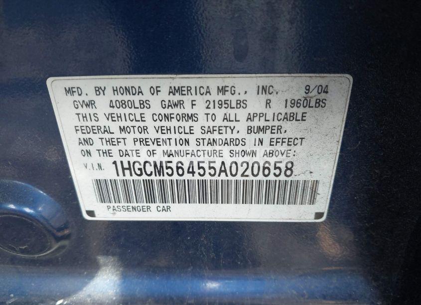 Photo 9 of 2005 Honda Accord 2.4 LX (VIN 1HGCM56455A020658)