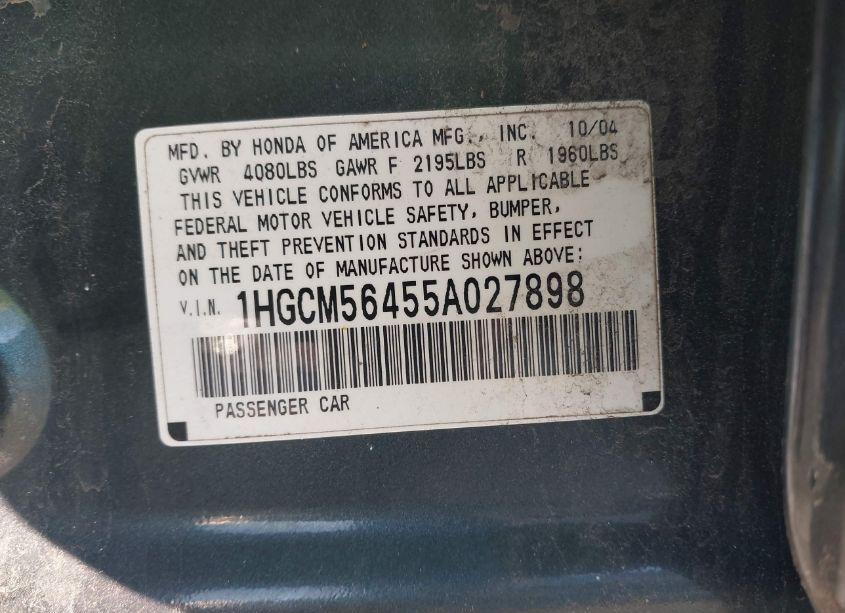 Photo 9 of 2005 Honda Accord 2.4 LX (VIN 1HGCM56455A027898)