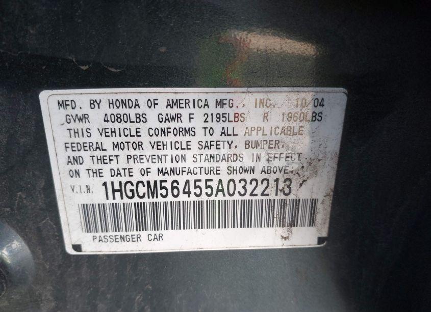 Photo 9 of 2005 Honda Accord 2.4 LX (VIN 1HGCM56455A032213)