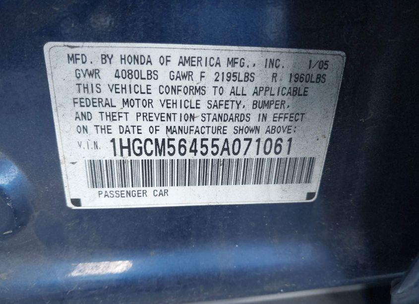 Photo 9 of 2005 Honda Accord 2.4 LX (VIN 1HGCM56455A071061)