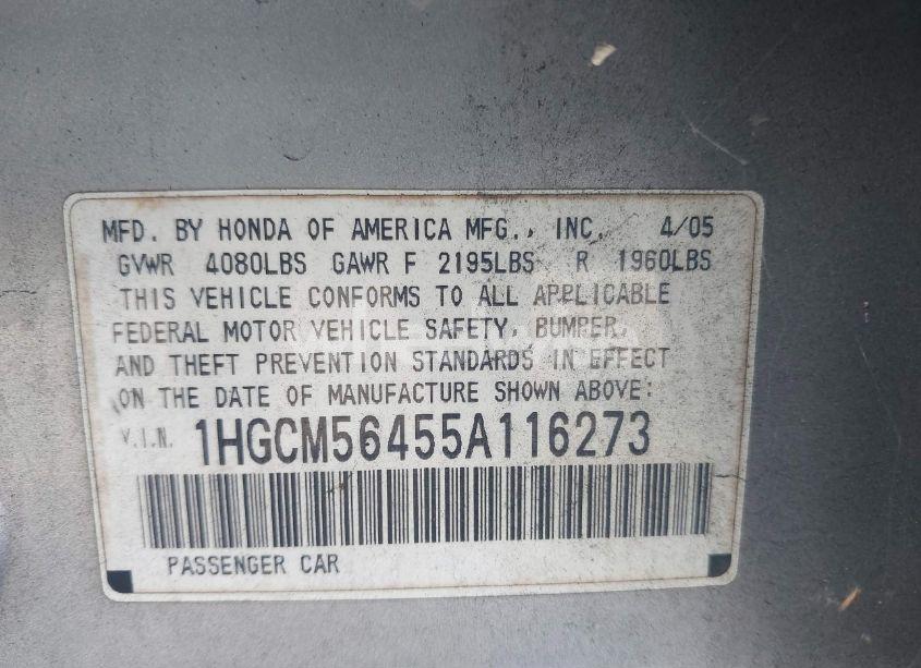 Photo 9 of 2005 Honda Accord 2.4 LX (VIN 1HGCM56455A116273)