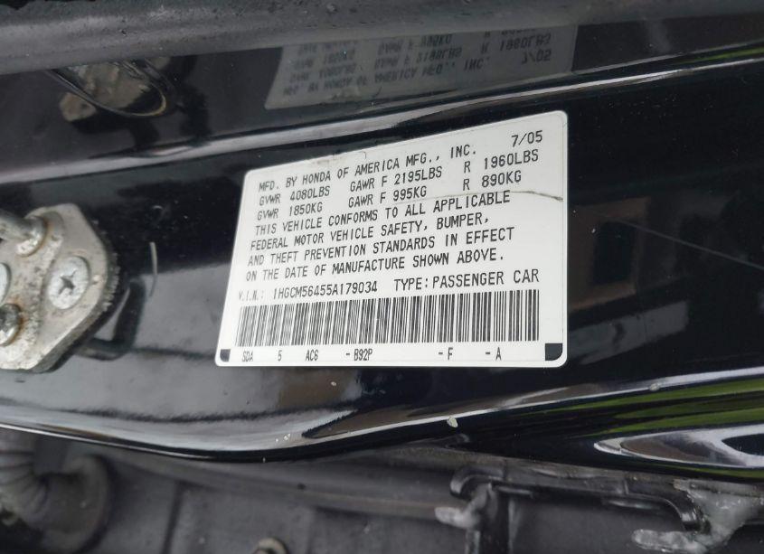 Photo 9 of 2005 Honda Accord 2.4 LX (VIN 1HGCM56455A179034)