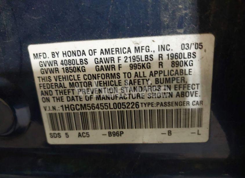 Photo 9 of 2005 Honda Accord 2.4 LX (VIN 1HGCM56455L005226)