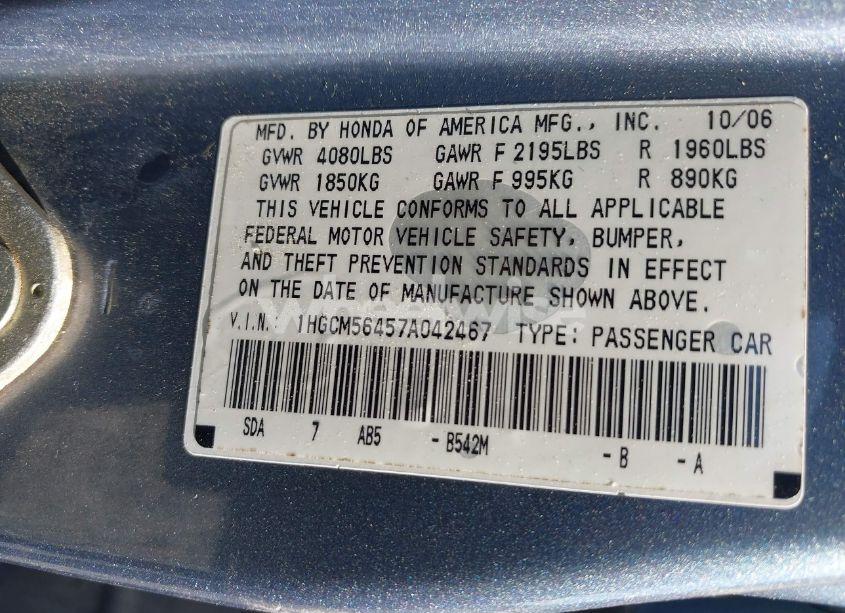 Photo 9 of 2007 Honda Accord 2.4 LX (VIN 1HGCM56457A042467)