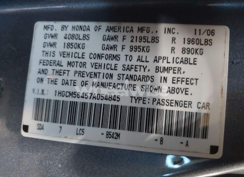 Photo 9 of 2007 Honda Accord 2.4 LX (VIN 1HGCM56457A054845)