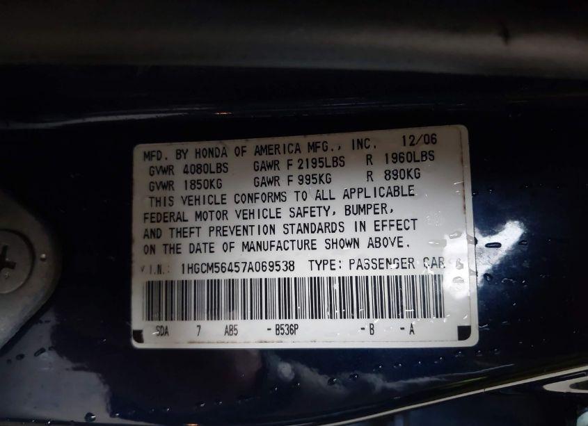 Photo 9 of 2007 Honda Accord 2.4 LX (VIN 1HGCM56457A069538)