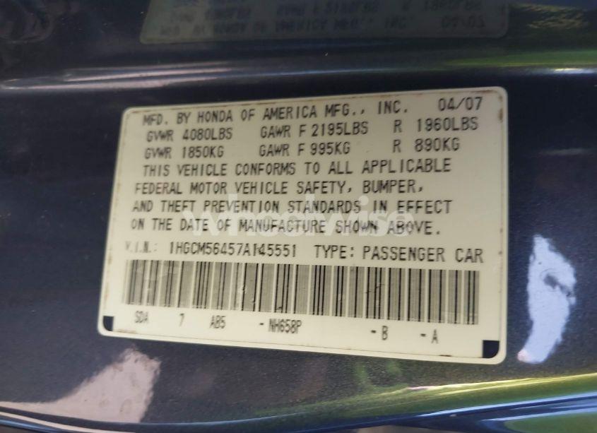 Photo 9 of 2007 Honda Accord 2.4 LX (VIN 1HGCM56457A145551)