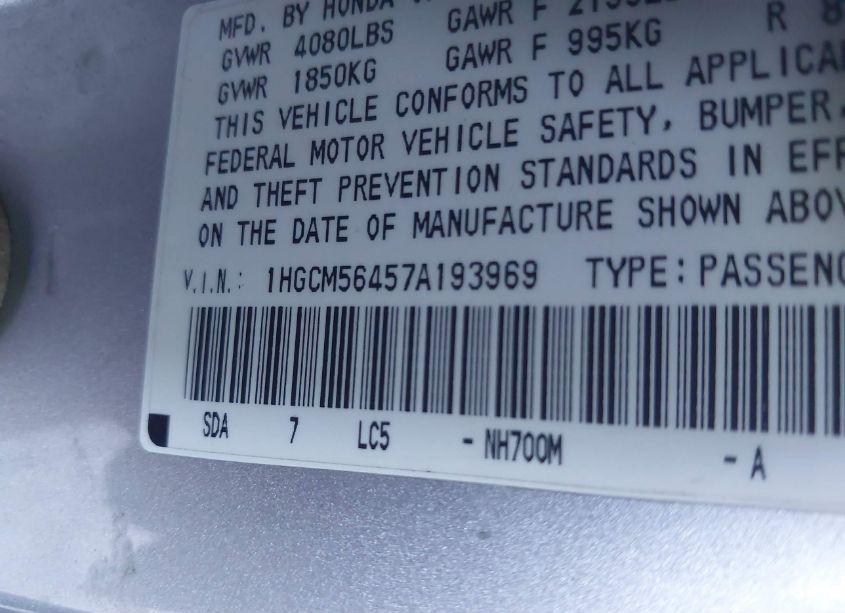 Photo 9 of 2007 Honda Accord 2.4 LX (VIN 1HGCM56457A193969)