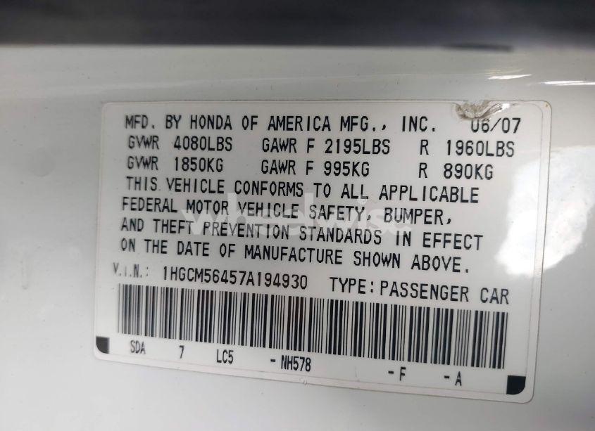 Photo 9 of 2007 Honda Accord 2.4 LX (VIN 1HGCM56457A194930)