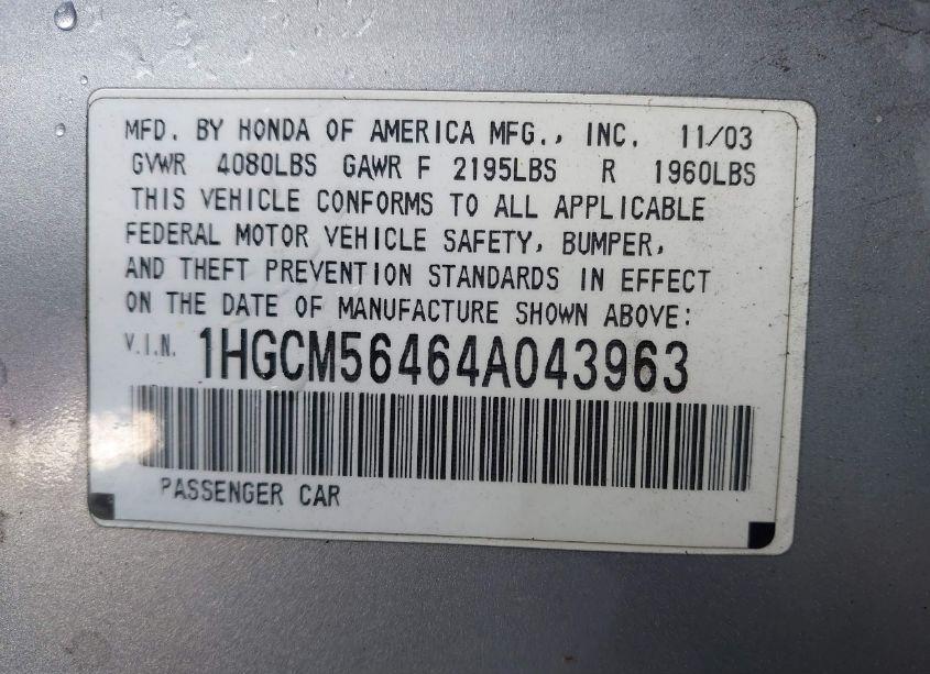 Photo 9 of 2004 Honda Accord 2.4 LX (VIN 1HGCM56464A043963)