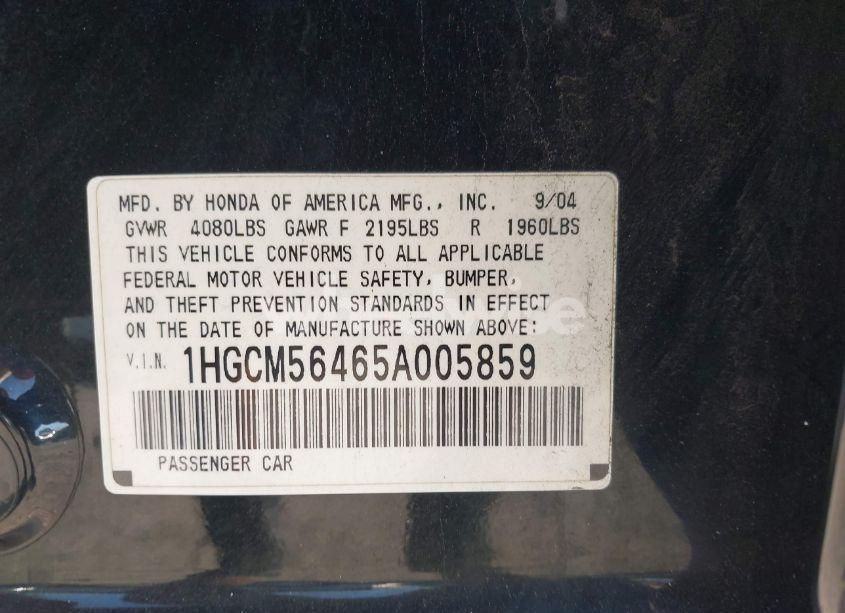 Photo 9 of 2005 Honda Accord 2.4 LX (VIN 1HGCM56465A005859)