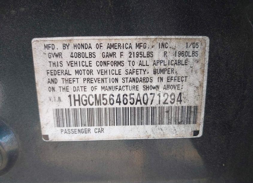 Photo 9 of 2005 Honda Accord 2.4 LX (VIN 1HGCM56465A071294)