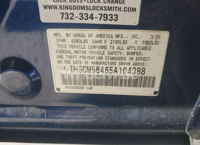 Photo 9 of 2005 Honda Accord 2.4 LX (VIN 1HGCM56465A104388)