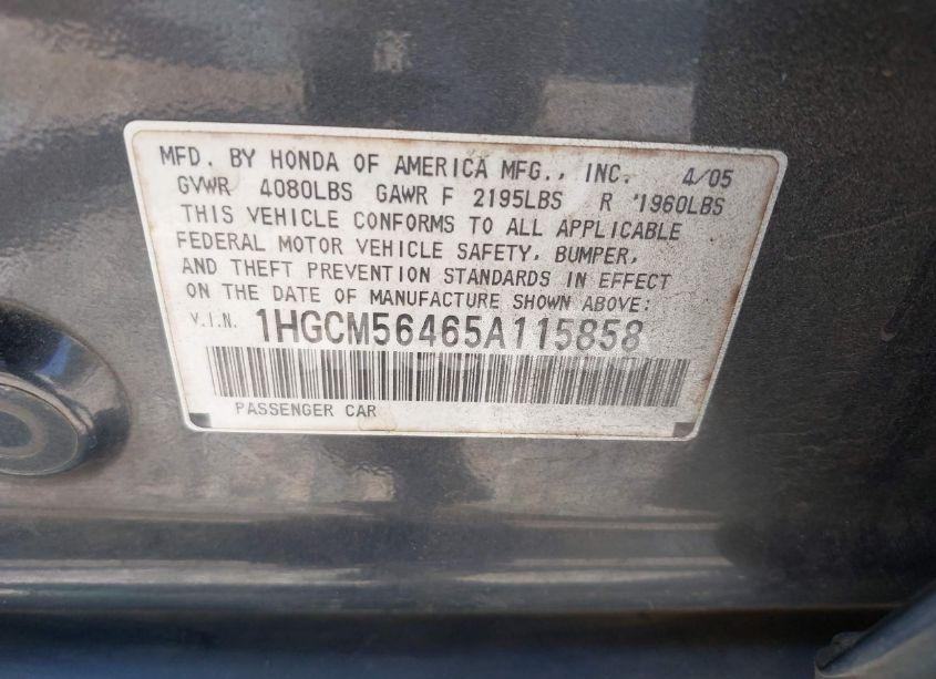 Photo 9 of 2005 Honda Accord 2.4 LX (VIN 1HGCM56465A115858)