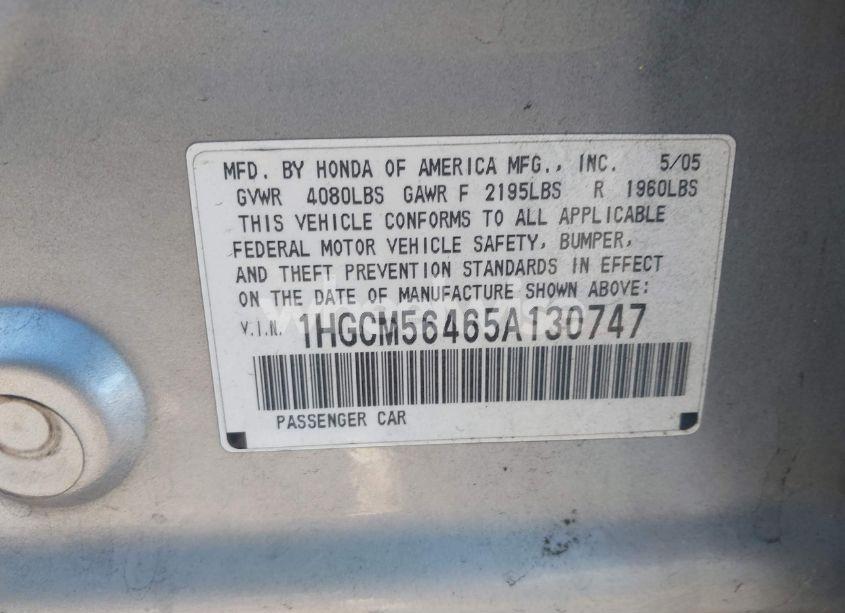 Photo 9 of 2005 Honda Accord 2.4 LX (VIN 1HGCM56465A130747)