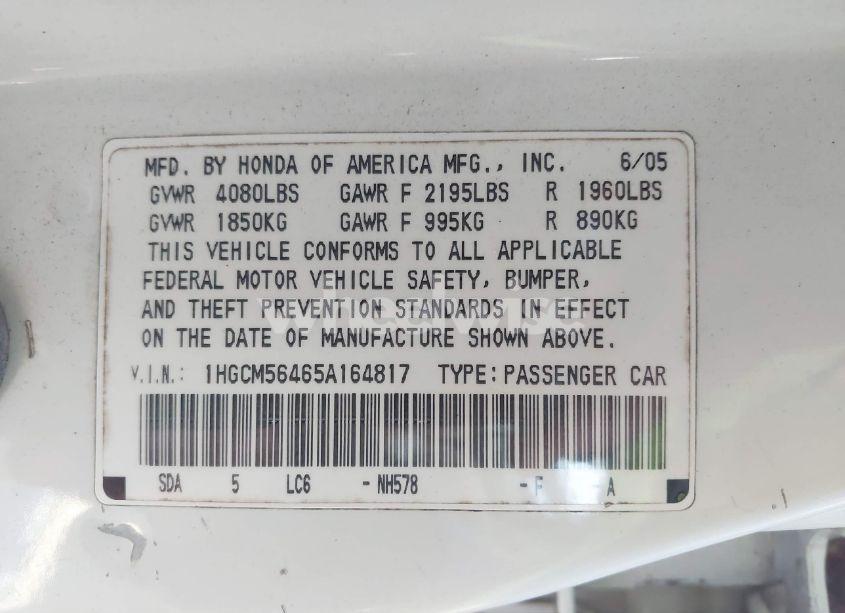 Photo 9 of 2005 Honda Accord 2.4 LX (VIN 1HGCM56465A164817)