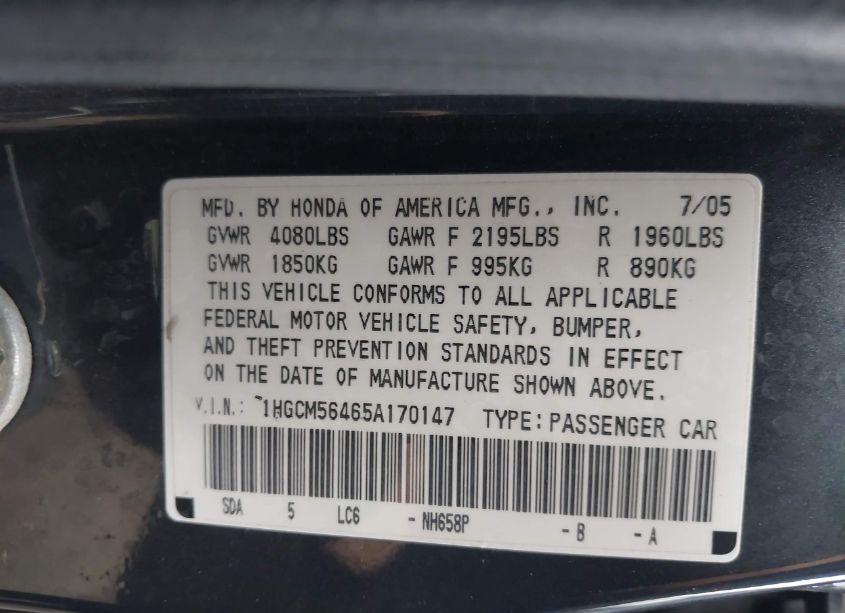 Photo 9 of 2005 Honda Accord 2.4 LX (VIN 1HGCM56465A170147)