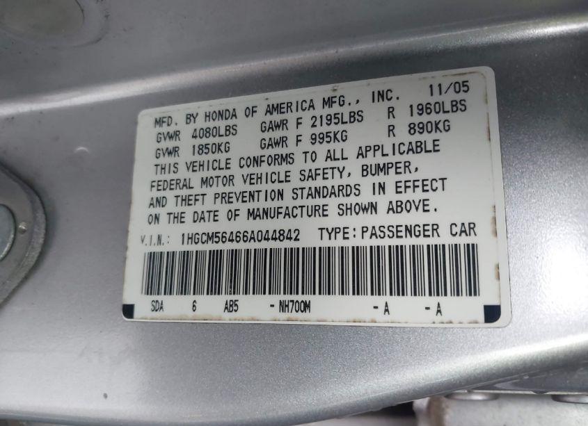 Photo 9 of 2006 Honda Accord 2.4 LX (VIN 1HGCM56466A044842)