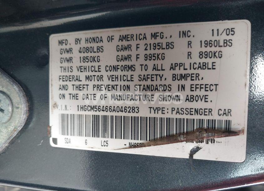 Photo 9 of 2006 Honda Accord 2.4 LX (VIN 1HGCM56466A046283)