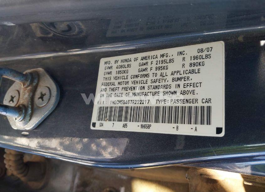 Photo 9 of 2007 Honda Accord 2.4 LX (VIN 1HGCM56467A222217)