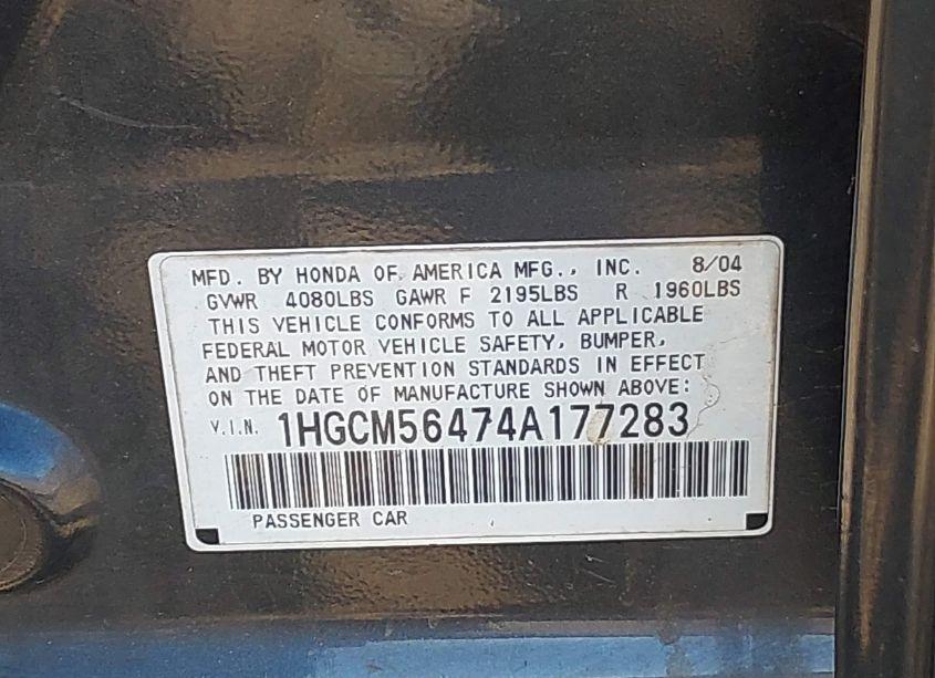 Photo 9 of 2004 Honda Accord 2.4 LX (VIN 1HGCM56474A177283)