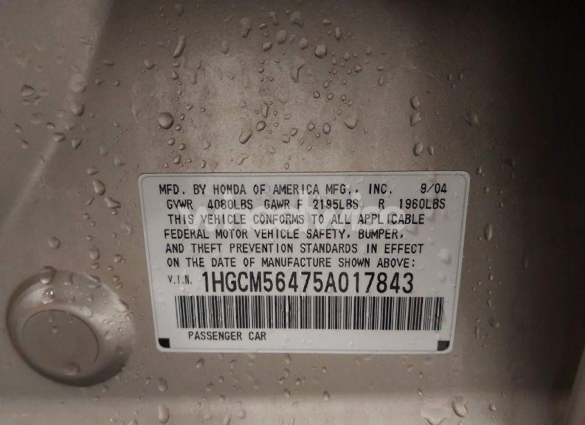 Photo 9 of 2005 Honda Accord 2.4 LX (VIN 1HGCM56475A017843)