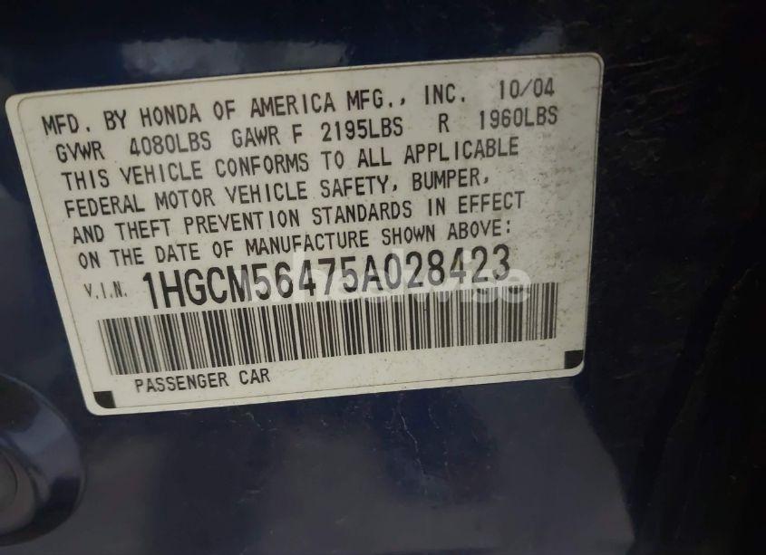 Photo 9 of 2005 Honda Accord 2.4 LX (VIN 1HGCM56475A028423)