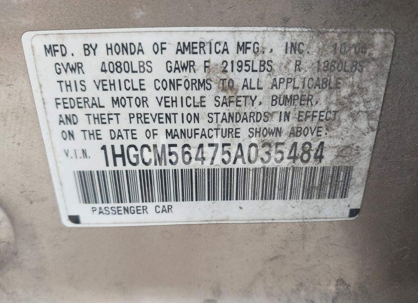 Photo 9 of 2005 Honda Accord 2.4 LX (VIN 1HGCM56475A035484)