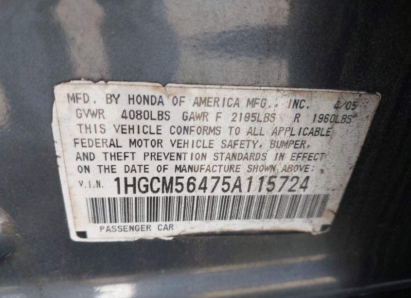 Photo 9 of 2005 Honda Accord 2.4 LX (VIN 1HGCM56475A115724)