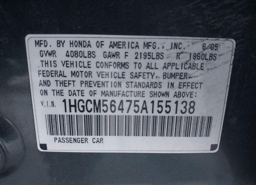 Photo 9 of 2005 Honda Accord 2.4 LX (VIN 1HGCM56475A155138)