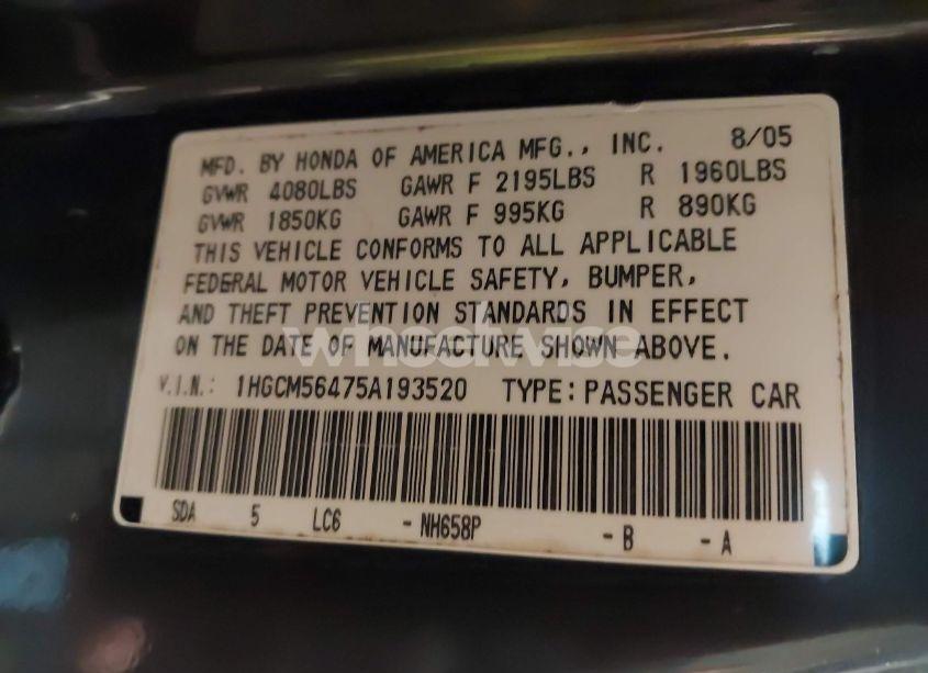 Photo 9 of 2005 Honda Accord 2.4 LX (VIN 1HGCM56475A193520)
