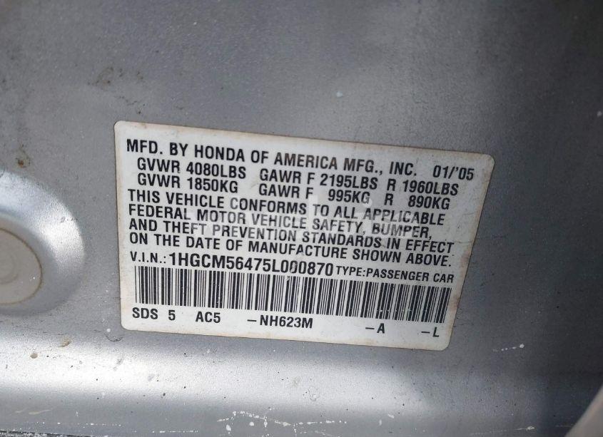 Photo 9 of 2005 Honda Accord 2.4 LX (VIN 1HGCM56475L000870)